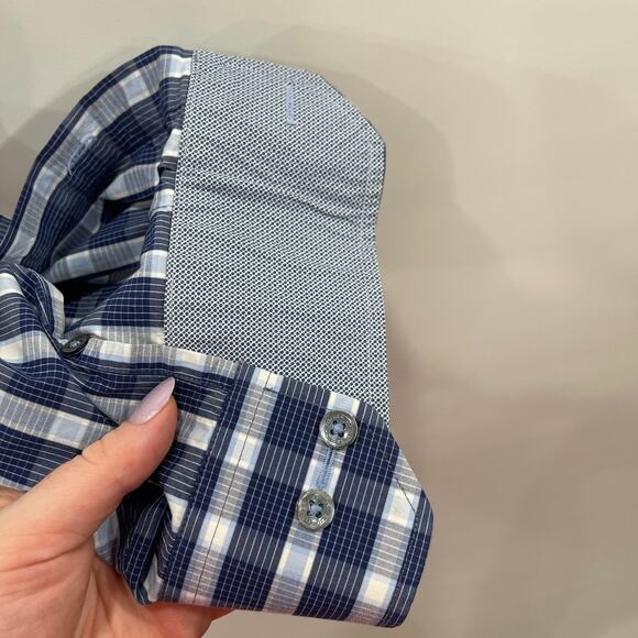 Bugatchi Uomo Shirt XXL Blue Plaid Check Long Sleeve Cotton Casual Dress Shirt - Picture 7 of 16